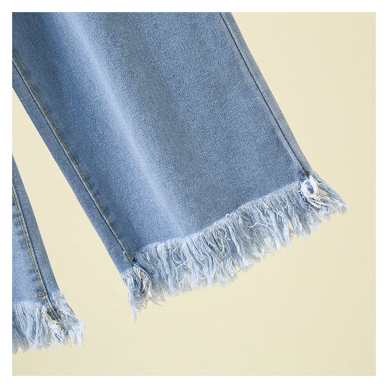 S-5XL Straight Jeans For Women 2022 Spring Autumn Tassels Blue Loose Denim Trousers Elastic Waist Wide Leg Pants