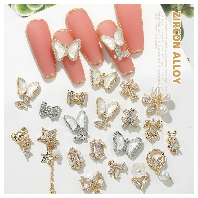 

2Piece Butterfly Zircon Nail Decoration Jewelry Zircon Crystal Pearl Pendant Manicure High Quality Rhinestone Accessories