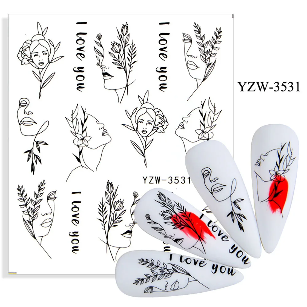 Big Patten Words Nail Stickers For Nails Flower Nail Art Sticker Geometric Black Transfer And Decals Leaf Watermark Nails Decal