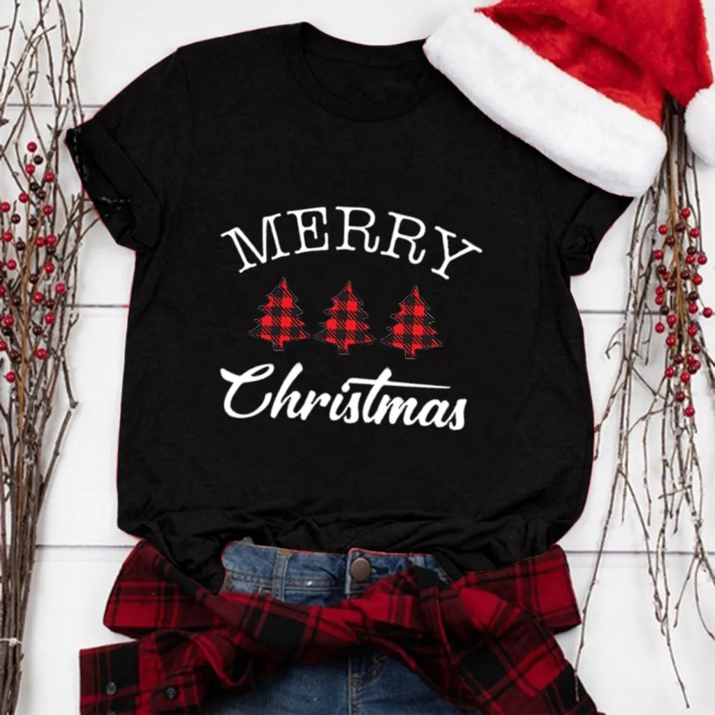 Fashion Graphic Cute Tee Kawaii TShirt Hipster Camiseta Mujer Plaid Merry Christmas T Shirt Women