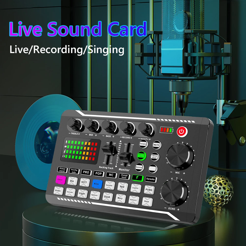 Sound Card with USB Bluetooth-Compatible Microphone Studio Record Phone/Computer Live Audio Mixer Voice Mixing Console Amplifier