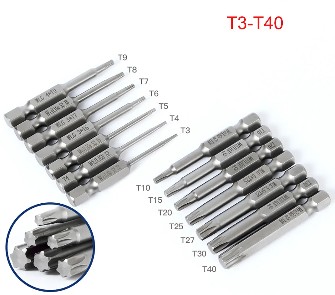 1Pcs Solid สว่านไขควง Bits ความยาว50Mm 65Mm 1/4นิ้ว Hex Shank หัว Torx Bits T3-T40แม่เหล็กประแจเครื่องมือ