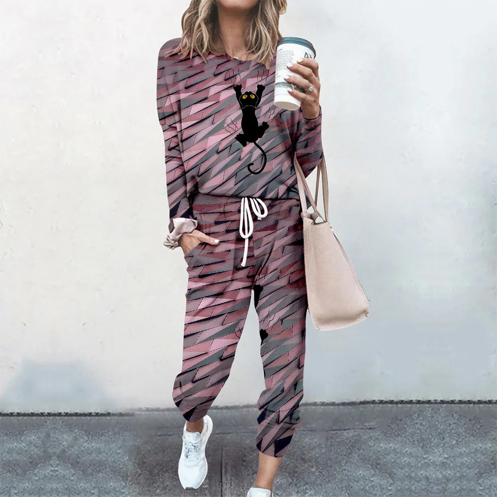 

Tracksuit Women 2 Piece Set Loose Comfortable Simple Style Cat Print Long Sleeve Casual Suit Clothes 2021 Top Spring Autumn