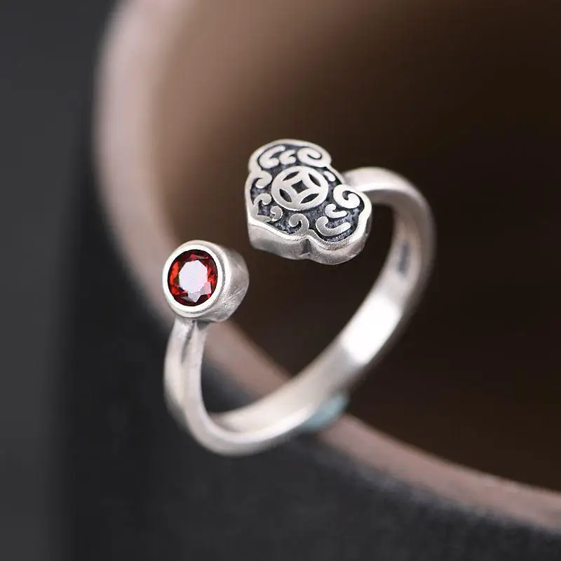 S925  silver original design Chinese style retro inlaid red cubic zirconia Thai silver charm exaggerated women ring