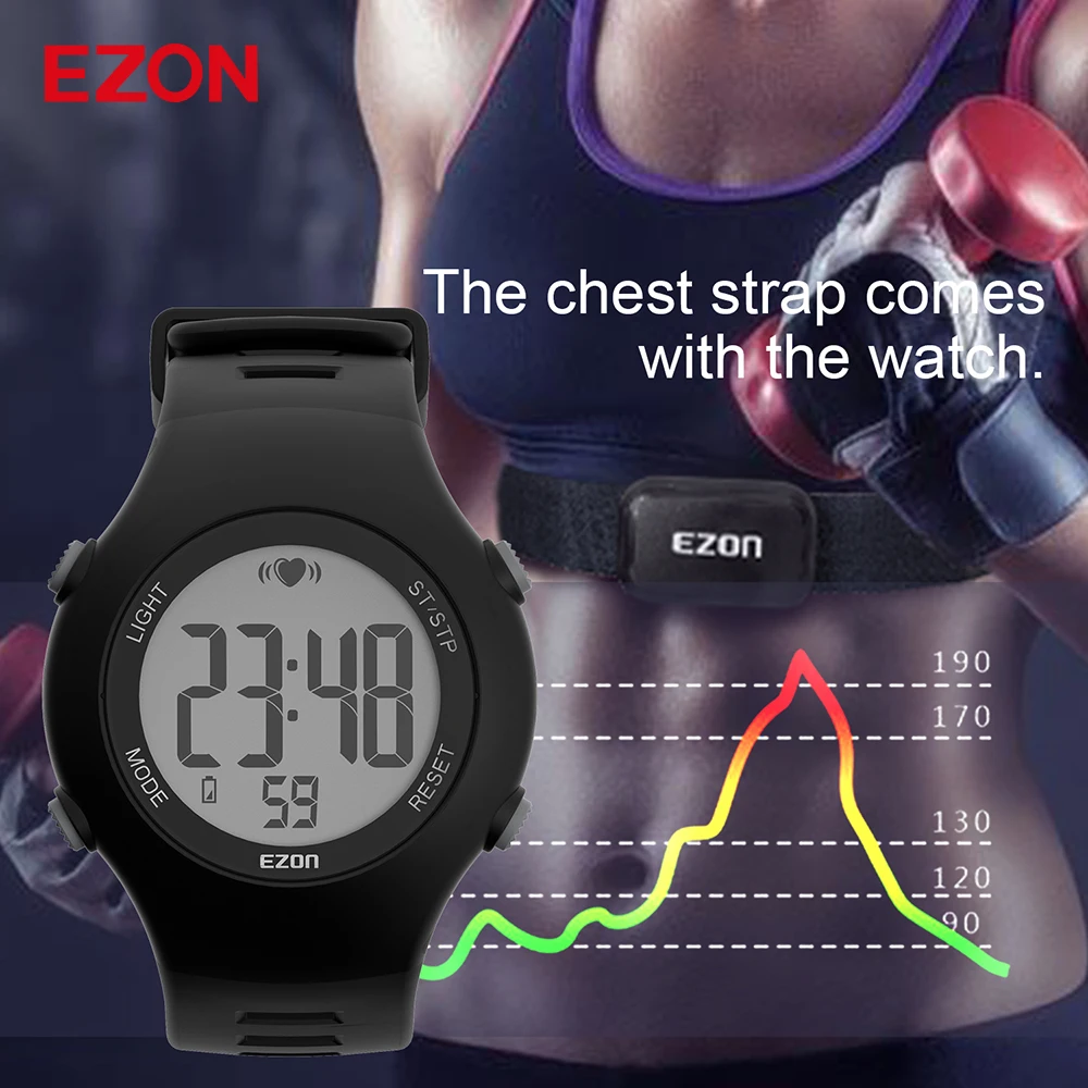 New EZON T037 Men Women Sports Wristwatch Digital Heart Rate Monitor Outdoor Running Watch Alarm Chronograph with Chest Strap