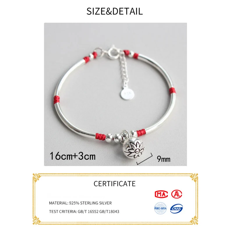 925 Sterling Silver Red Thread Bracelet For Women Handmade Bell Tube Rope Bracelet With Silver Beads Adjustable Lucky Cord