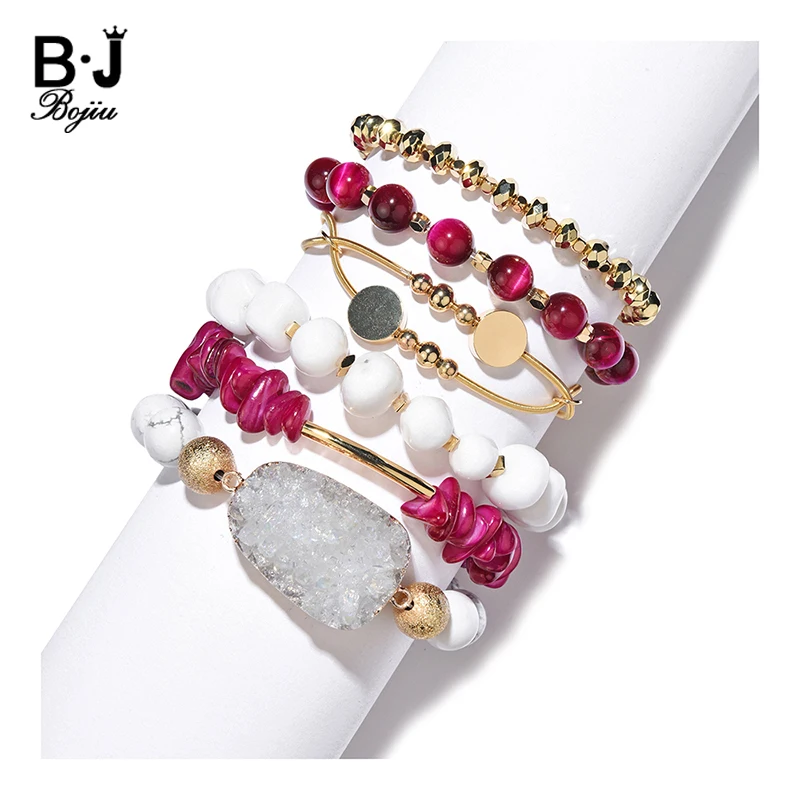 

Multi Layer Natural Stone Charm Bracelets Set For Women 2020 Quartz Druzy Crystal Beads Bracelet Lady Open Cuff Bangles BCSET310