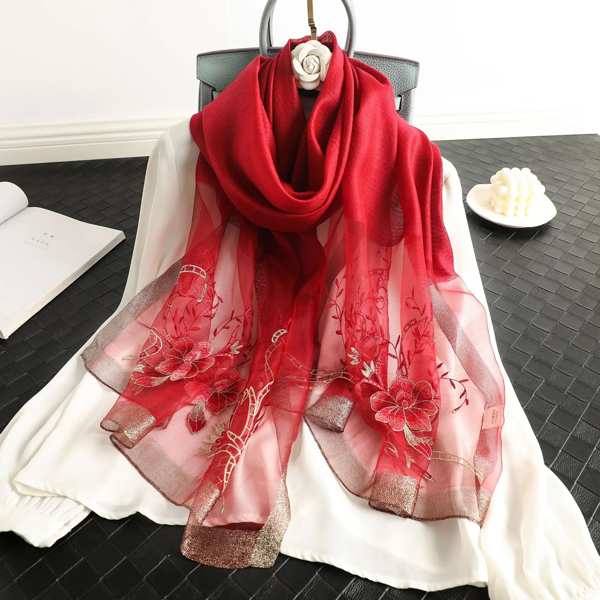 

Silk wool scarf embroidery Women Long scarves Shawl Female hijab wrap Summer Beach Cover-ups Fashion Pashmina Scarves Bandana