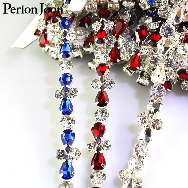 1 Yard Color Drop Rhinestone Trim Glass Crystal Silver Chain Bridal Decoration For Clothing and Shoe Bag Accessories ML055