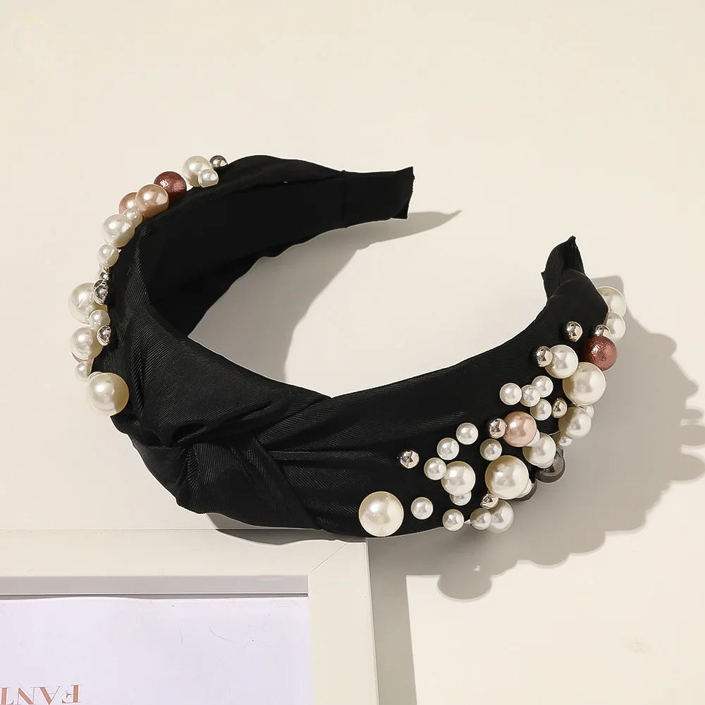 Baroque Satin Knot Hairband Pearl Metal Beads Headband for Women Girls Hair Accessories