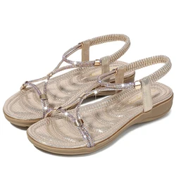 Donne di Strass di lusso Sandali Fascia Elastica Selvaggio Casual Piatto di Modo Delle Signore in Spiaggia Sandali Della Boemia Vestito Da Estate Delle Donne Sandalia