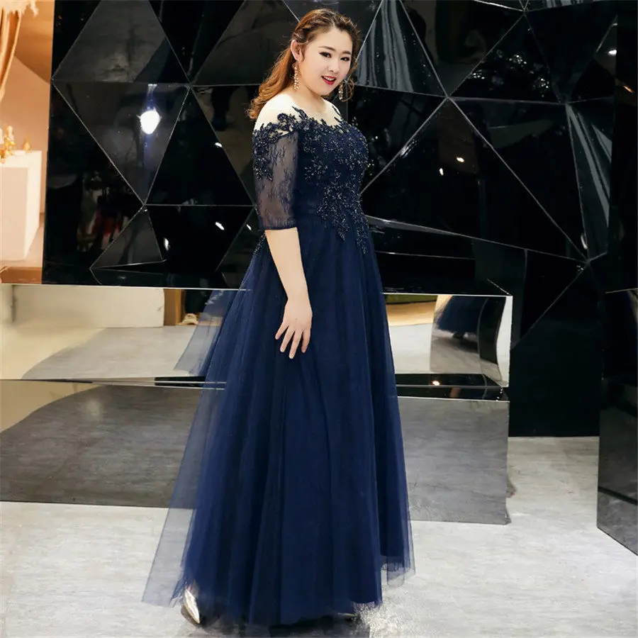 Avondjurken Lange Navy Blue Vintage Robe De Soiree T528 2019 Nieuwe Plus Size Elegante Vrouwen Feestjurken Kant Formele prom Gown