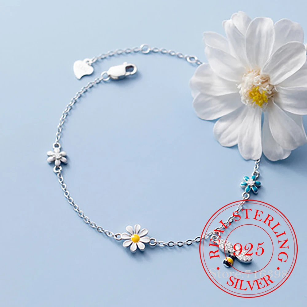 925 Sterling Silver Daisy Bee Charm Bransoletka dla kobiet Dziewczyny Impreza Ślub Modna bransoletka Bijoux Luksusowa biżuteria Akcesoria