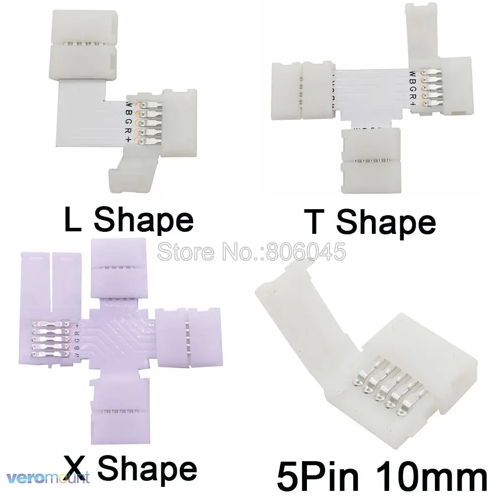 5pcs/lot 10mm 5Pins 5Pin L T X Shape LED RGBW Corner Connector for Connecting Corner Right Angle 10mm 5050 RGBW LED Strip Light