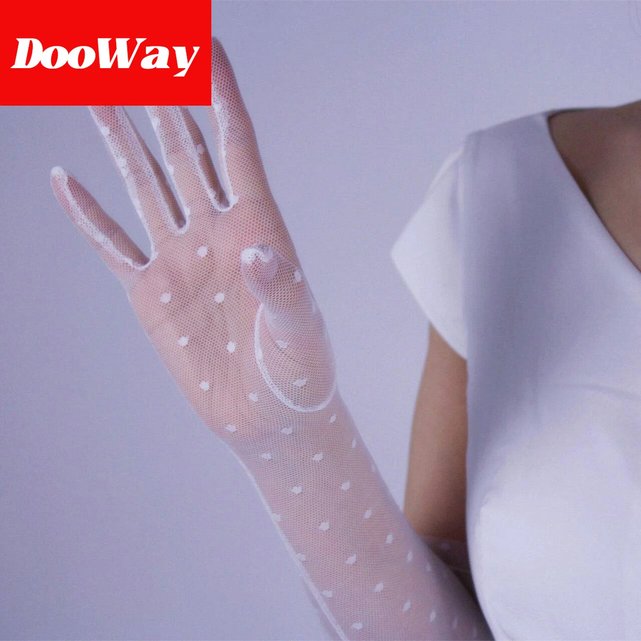 Dooway sexy moda feminina luvas polka dot laço longo branco estiramento tule malha semi sheer touchscreen 21 polegadas