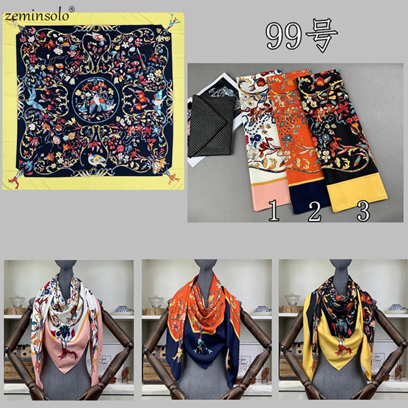 Bufanda cuadrada de sarga 130 para mujer, pañuelo de seda con estampado Floral, marca de lujo, 130 x 100% cm