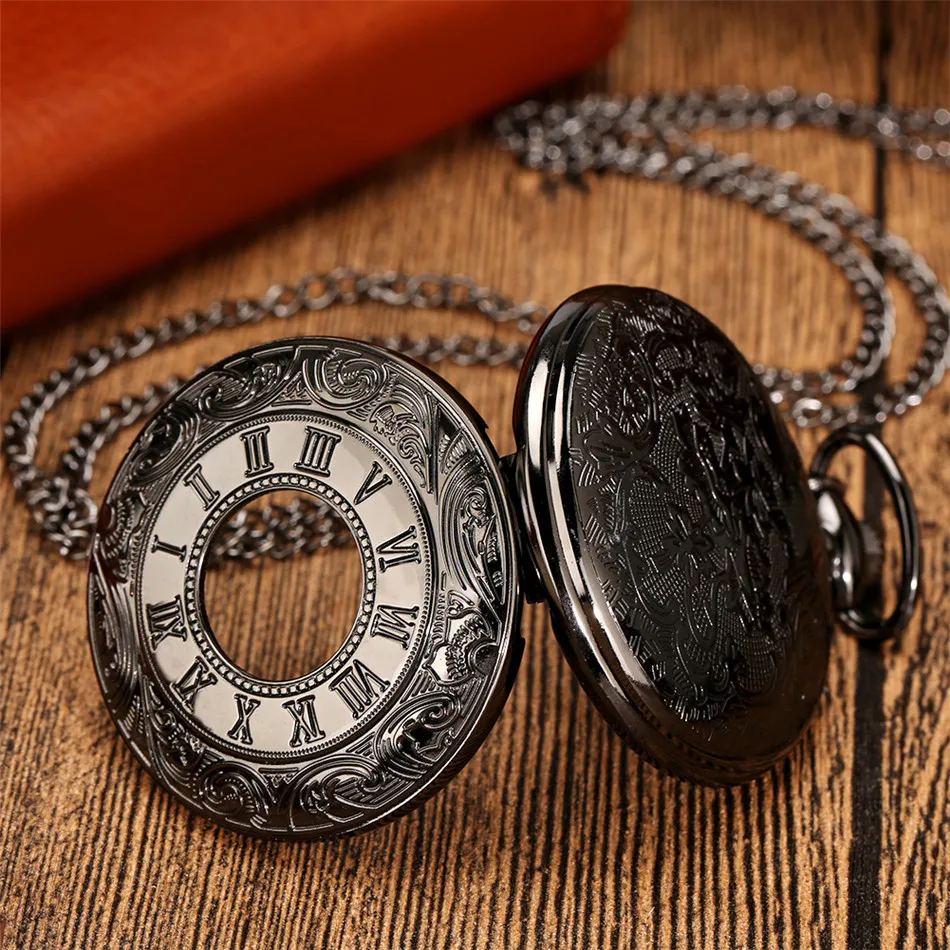 Reloj de bolsillo de cuarzo para hombre y mujer, pulsera con diseño grabado de números romanos, círculo hueco, clásico, Vintage, regalo