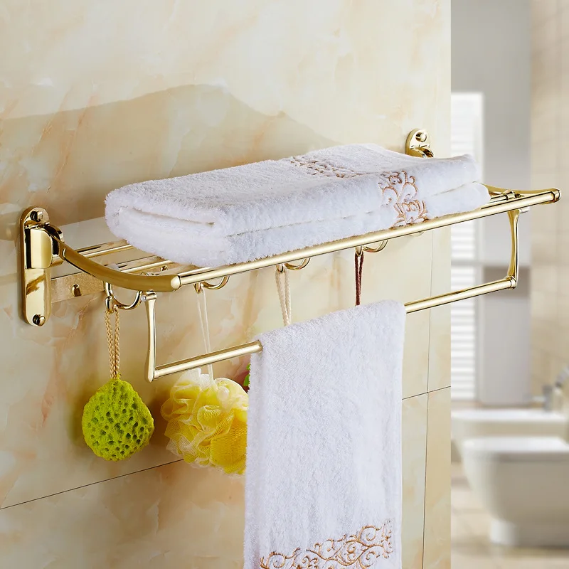 

Bathroom towel rack Double Tier shower Storage Rack Wall Mounted foldable gold towel rack zinc alloy and SUS material