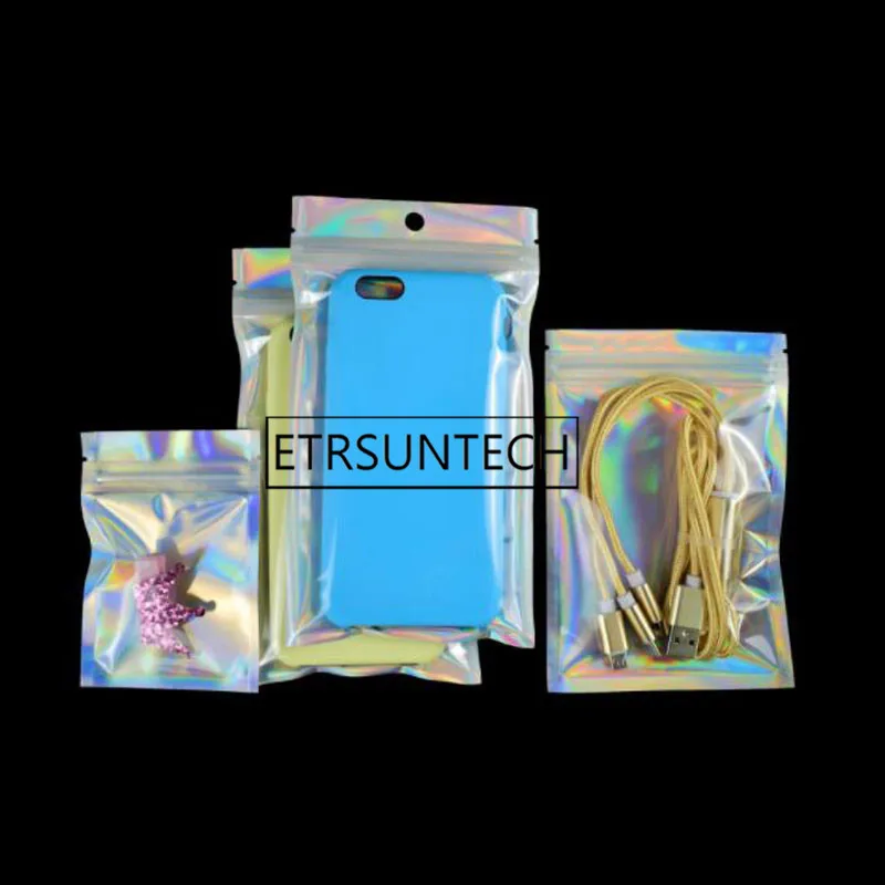 

1000pcs Phone Case Packing Bags With Hang Hole Plastic Zipper Pouches For Phone Laser Clear Holographic 12x20cm