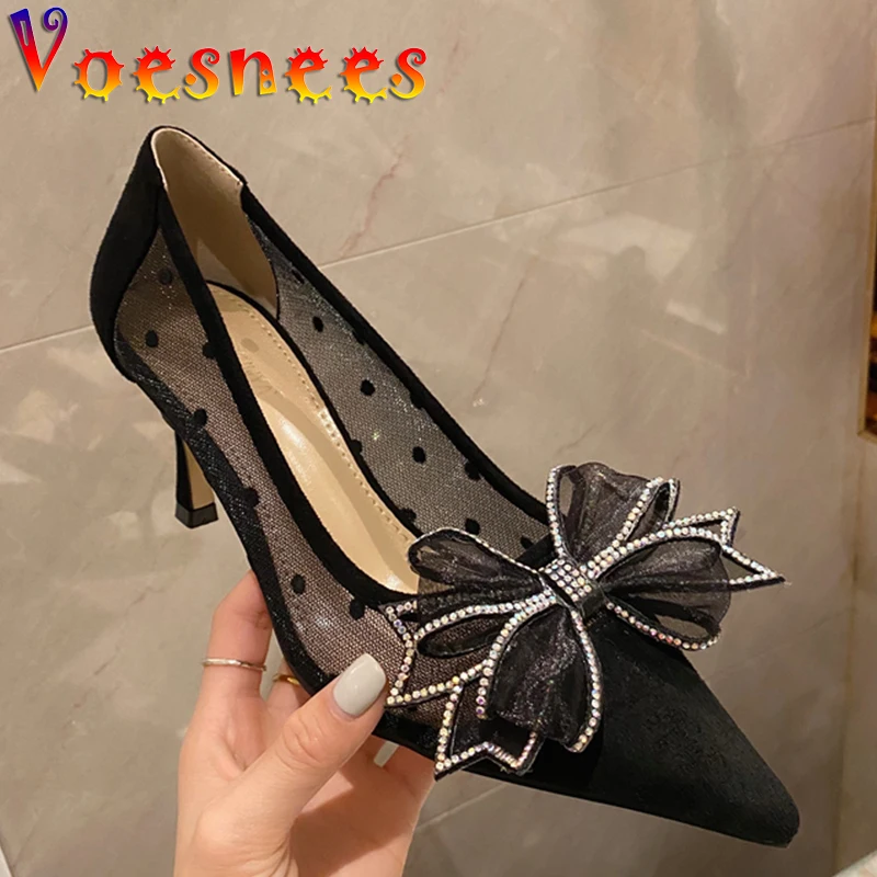 Women's Pumps Pointed Toe High-Heeled Single Shoes Butterfly-knot Sequined Shallow Mouth Thin Heels Diamonds Black Women Shoes