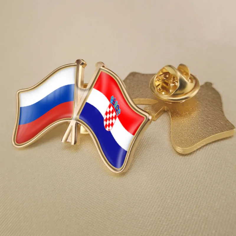 Russian Federation and Croatia Crossed Double Friendship Flags Lapel Pins Brooch Badges