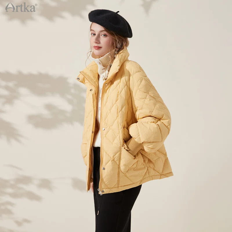 ARTKA 2021 Winter New Women Down Jacket Fashion Houndstooth 90% White Duck Down Coat Loose Warm Down Jacket With Belt ZK20011D