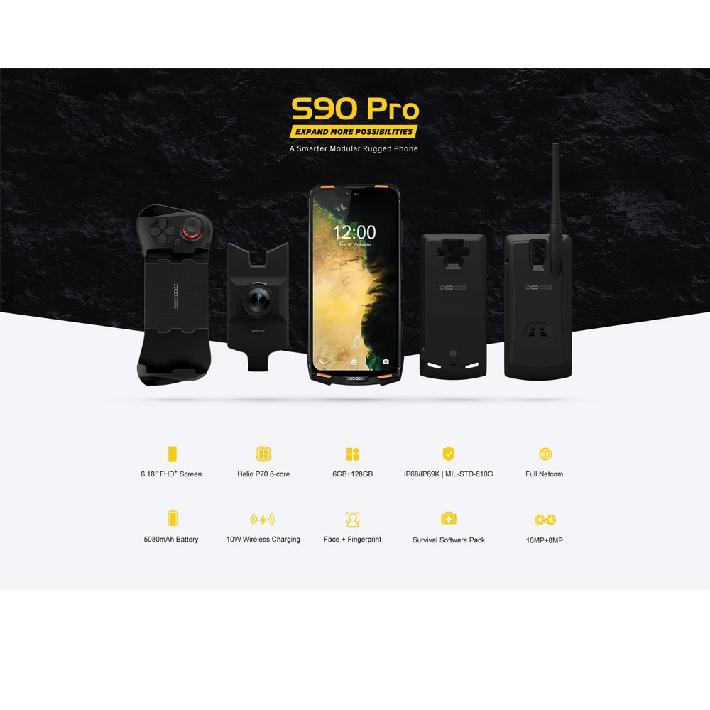 DOOGEE S90 Pro Android 9.0 Điện Thoại Thông Minh Helio P70 Octa Core 6.18 FHD + IP68 Không Dây Sạc 6GB 128GB 16MP 4G Dual Sim