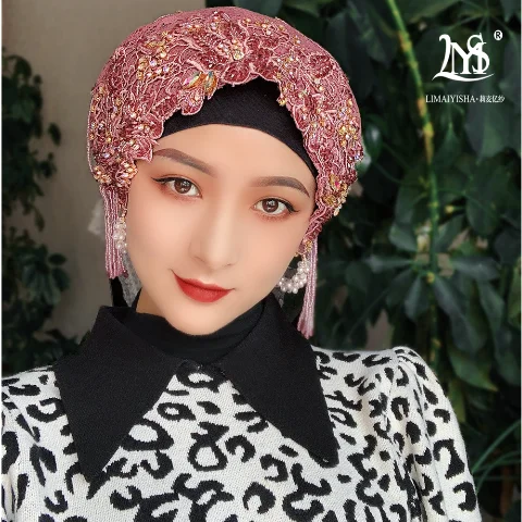 แต่งงานมุสลิมผ้าพันคอผู้หญิงลูกปัด Tassels Hijab หมวก