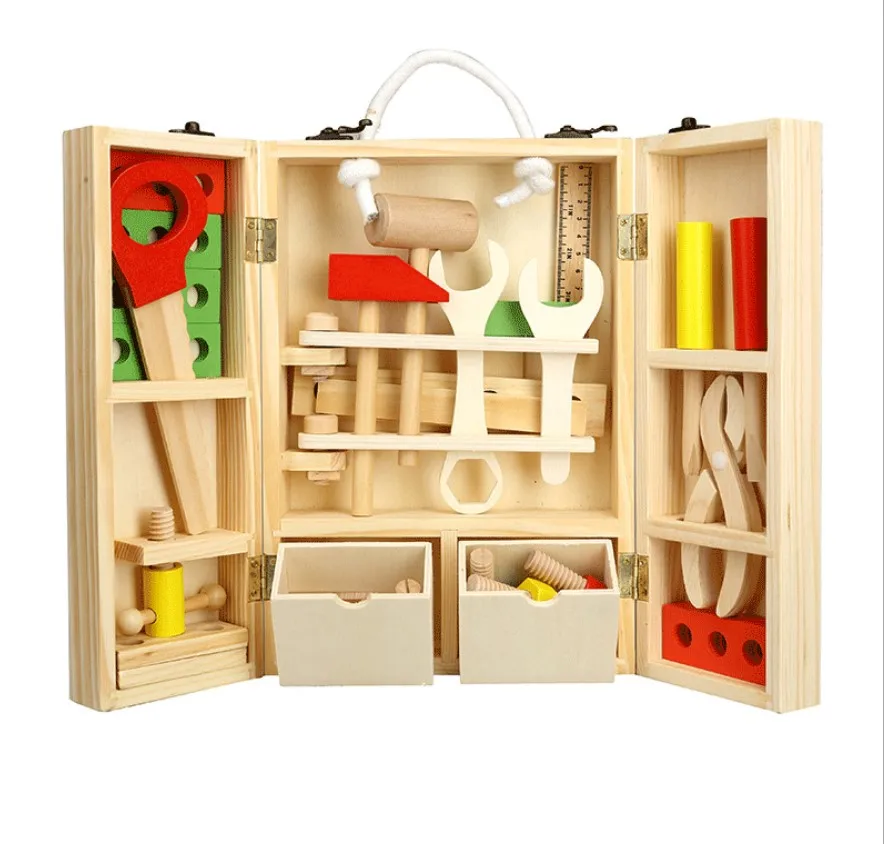 Kids  Wood Toolbox Kit Educational Toys Simulation Repair Tools Toys Drill Game Learning Engineering Puzzle Toys Gifts For Boy