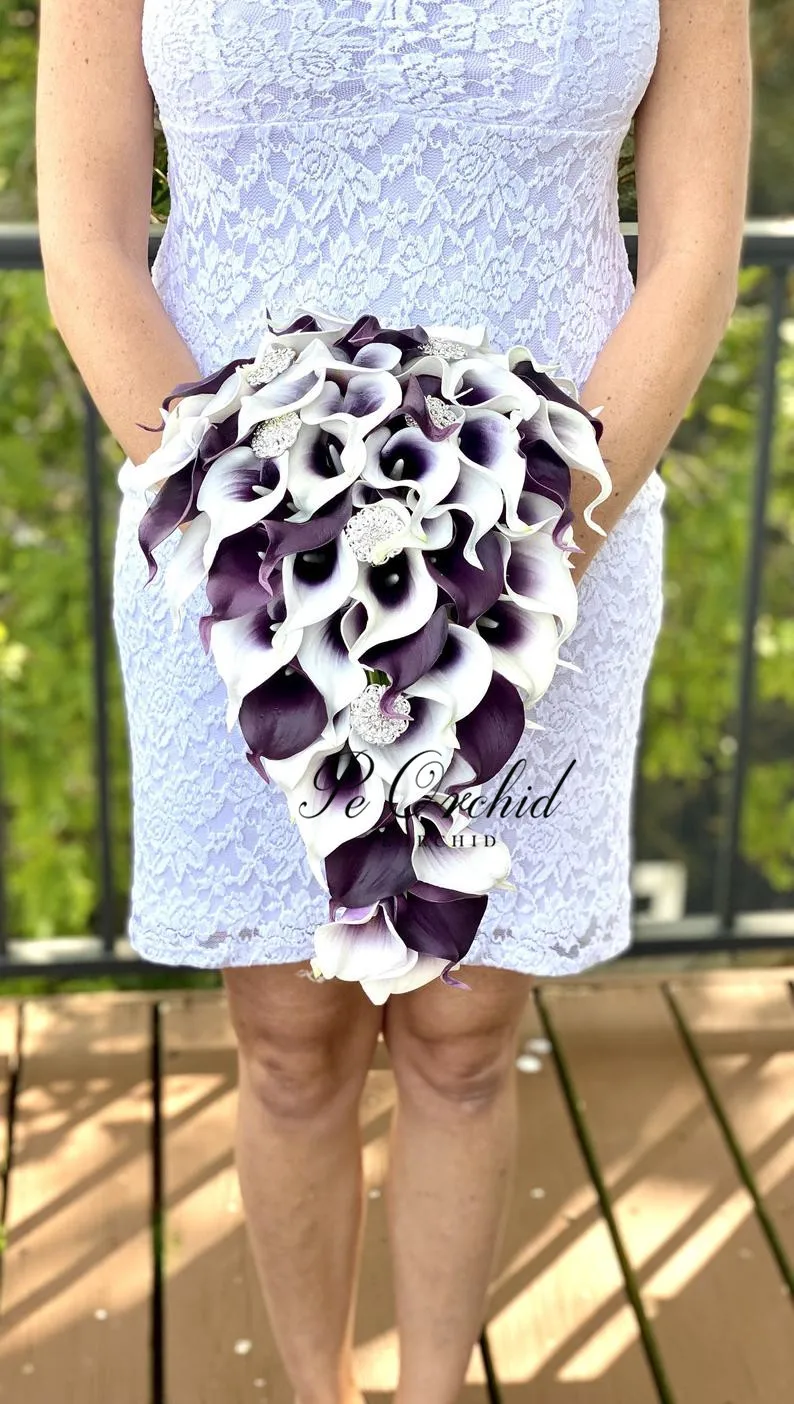 PEORCHID Purple Bride Bouquet Wedding Luxury Cascade Artificial Flowers For Bridesmaid Teardrop Bouquet Bruidsboeket Waterval