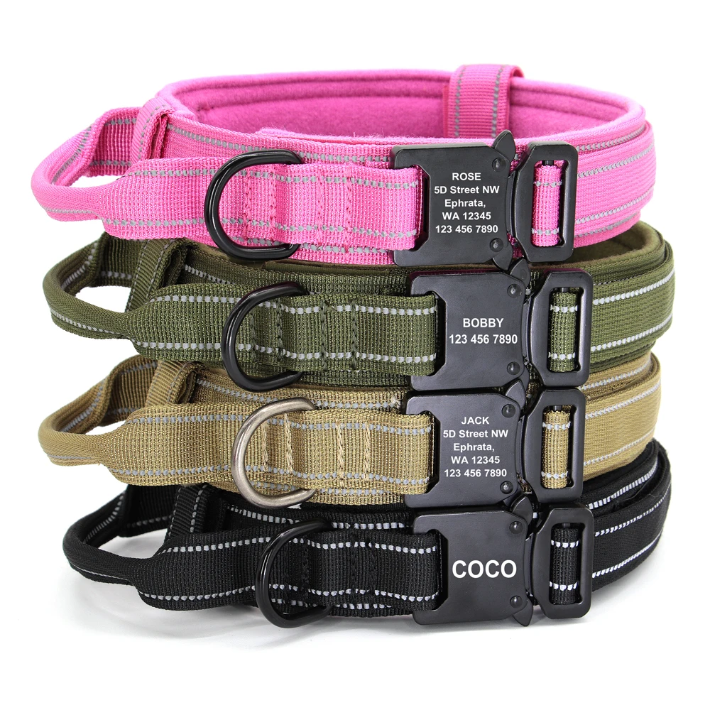 Military Tactical Pet Dog Collar Personalized Custom Nylon Reflective Small Medium Large Dog Collars Engraved ID Name Adjustable