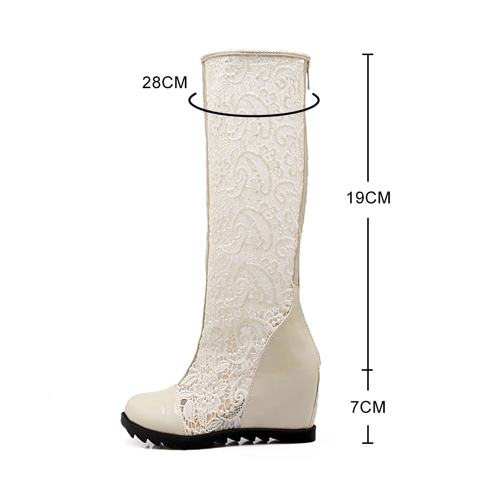 Women\'s Breathable Mesh Cool Boots Lace Upper High Heels Woman Casual Knee Boots White Summer Female Wedge Shoes big Size 34-43