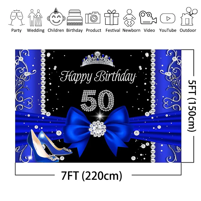 Photography Backdrop Woman 50th Birthday Party Background Customize Backdrop Diamond High Heels Blue Birthday Banner Photobooth