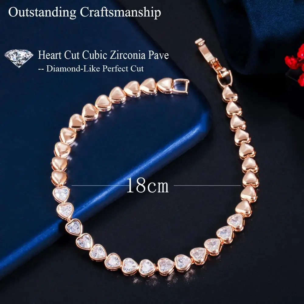 CWWZircons Elegant Chic 585 Gold Color Cute Love Heart Shape CZ Tennis Bracelet Bangle for Women Best Friends Jewelry Gift CB239