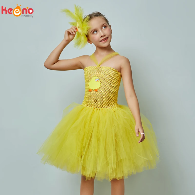 Yellow Chicken Tutu Dress Girls Kids Farm Animal Party Halloween Costume Feather Wings Children Cake Smash Photo Tulle Dress