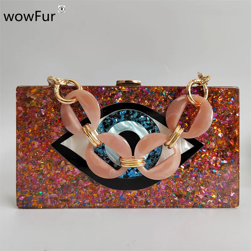 

New Colorful Glitter Acrylic Material Evening Wallet Bag Lady Clutch Chain Shoulder Purses Design for Lady Wedding Party Bags