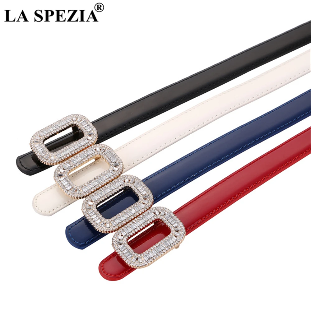 LA SPEZIA Blue Patent Leather Women Belt Rhinestone Buckle Waist Belt Thin Ladies Belts for Dress Fashion Brand Accessories