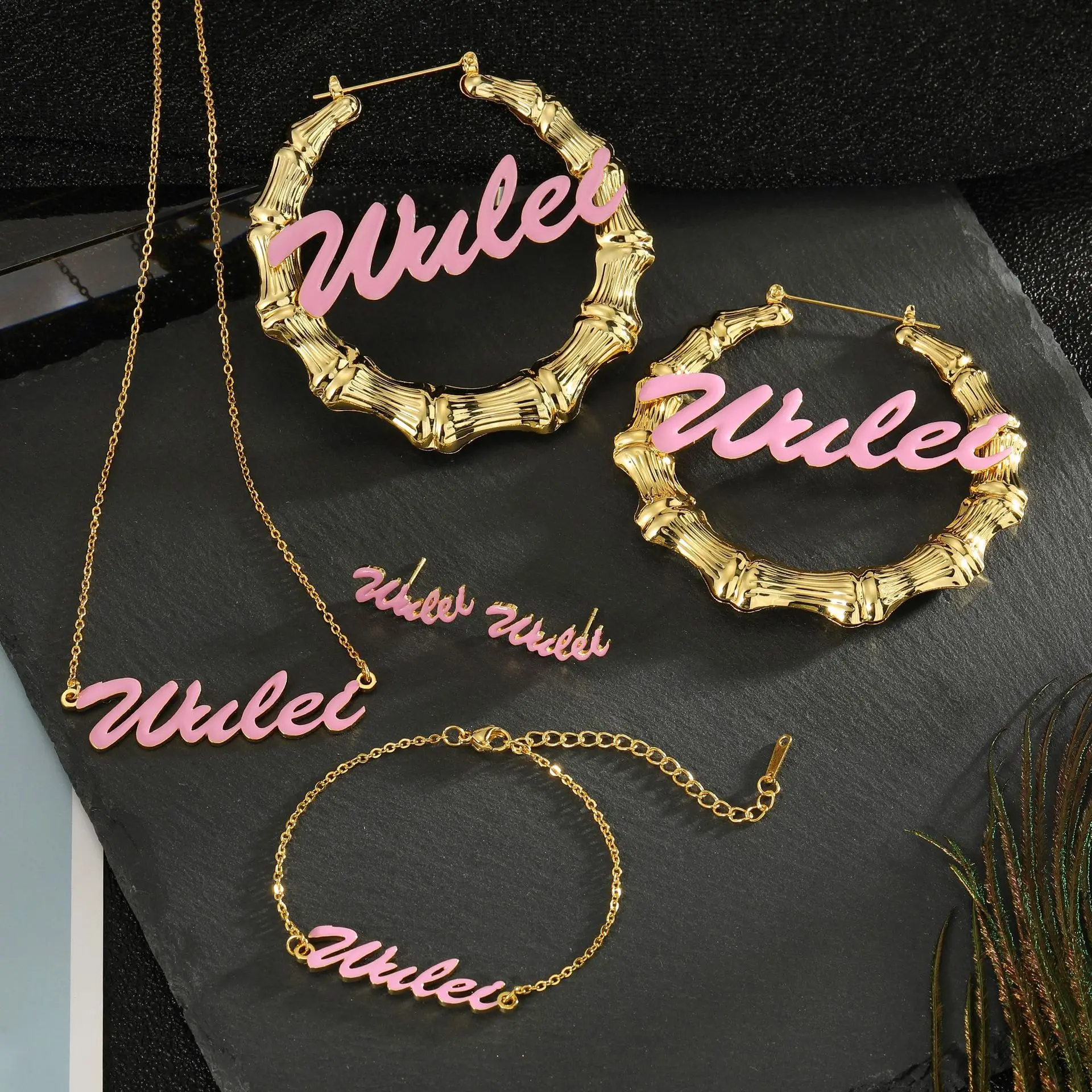 Custom Name Earrings Pink Color Customized Nameplate Hoop Earring Coloful Oil Earrings Name  Hoop Earrings Letter Birthday Gifts