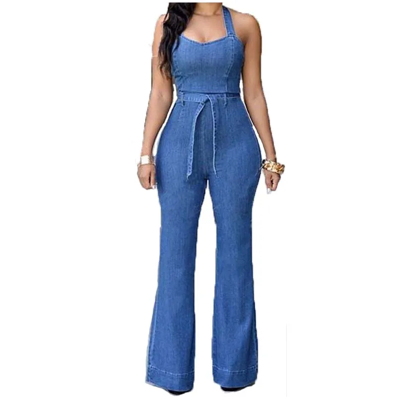 Women Blue Sexy Fitness Denim Jumpsuits Casual Halter Sleevless Playsuits Slim Plus Size Overalls Jeans Rompers Pants with Belt