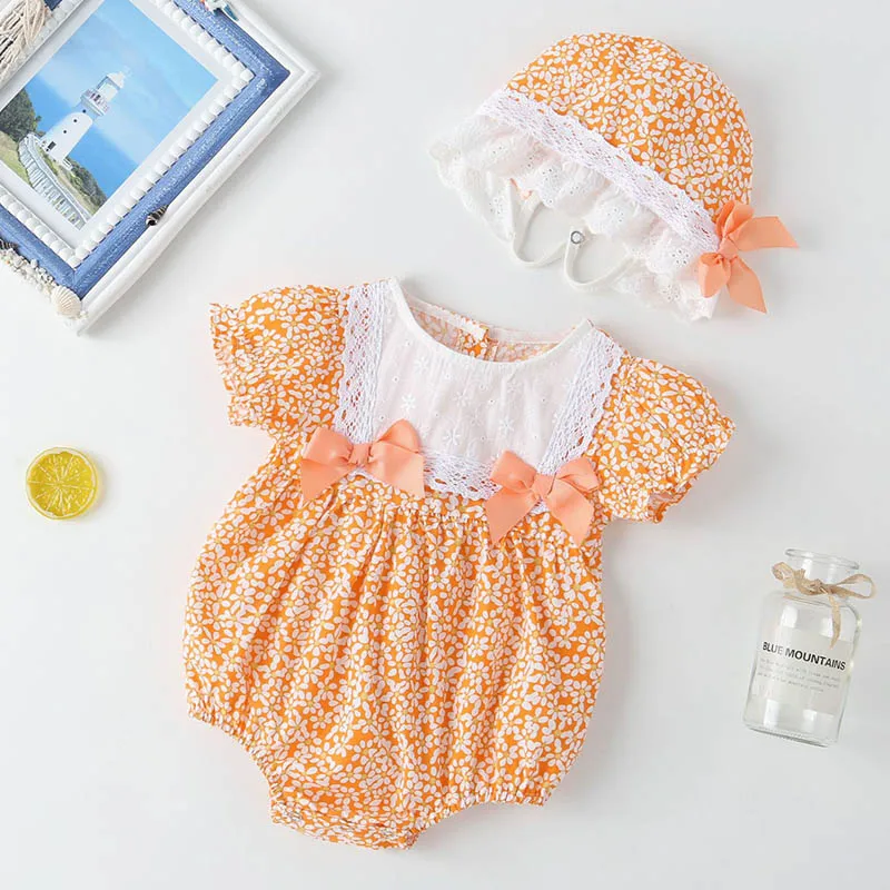 Lace Stitching Flower Printing Bodysuits+Hat Summer Infant Baby Girls Jumpsuit Cotton Short Sleeve Baby Girls Clothes