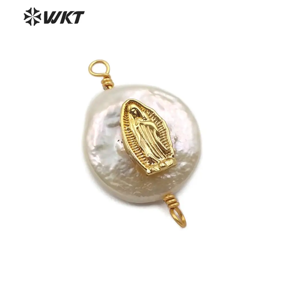 

WT-MC278 Natural Freshwater Pearl Connector Blessed Virgin Mary Gold Electroplated CZ Pave Double Hoops Women Jewelry