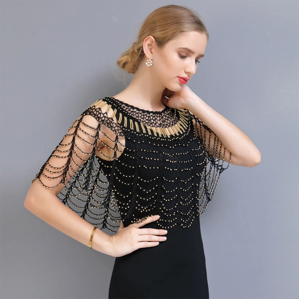 Lady Luxury Beaded Shiny Sequin Glitter Cape Women Amazing Evening Celebrity Shawl Singer Club Stage Formal Event Cape