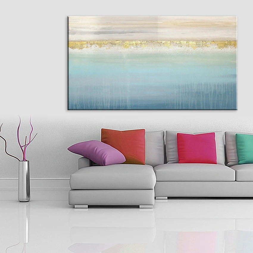 Modern poster Hand painted abstract oil painting wall art hanging pictures gold line on blue sky scenery for living room bedroom