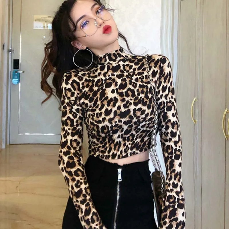 Fashion High Neck Leopard Print Fitted Pullovers Long Sleeve Tee Shirt Autumn Casual Women T-shirt