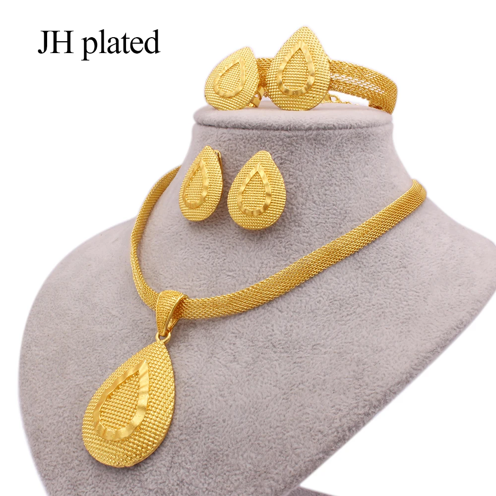 

Gold color jewelry sets for women African bridal wedding gifts party water drops pendant necklace earrings ring bracelet set