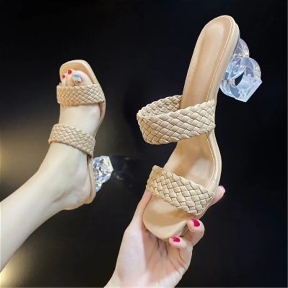 2024 New Summer Leather Sexy Slides Women Mules Design Slippers Braided Cord 7 CM Transparent Fretwork Heels Shoes Female 35-40