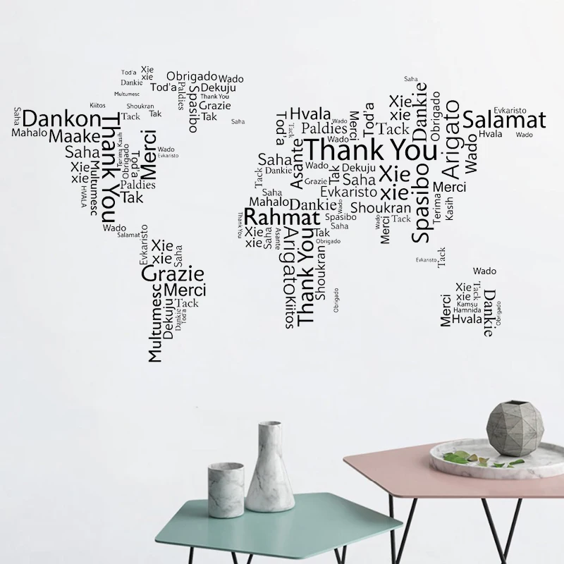 Thank You Words Vinyl Wall Decals World Map Cloud Office Space Room Art Wall Stickers Mural Lettering Language Wallpapers LC1489