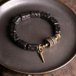 Handcarved Ebony Bead Bracelet Men Vintage Brass Charm Bracelet Trendy Irregular Black Wood Beaded Bangle Punk Rock Jewelry Gift
