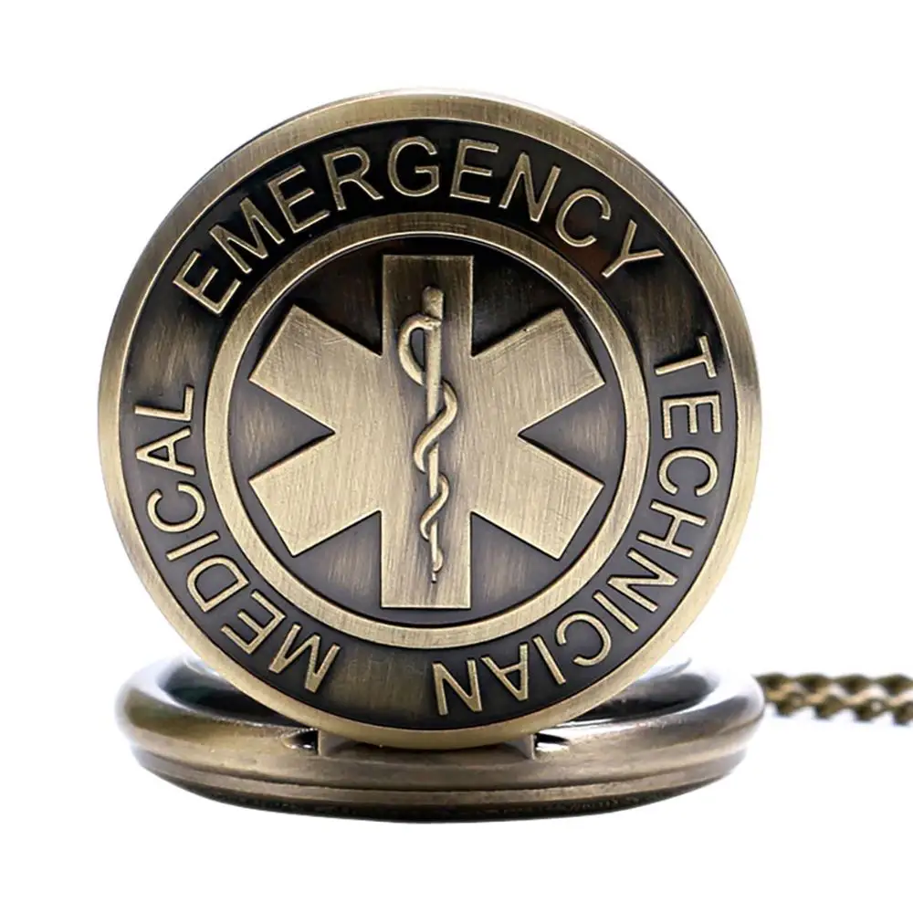 Retro WHO Medical Emergency Technical Design Pocket Watch Men Women Quartz FOB Watches Bronze Necklace Pendant Chain Clock Gift