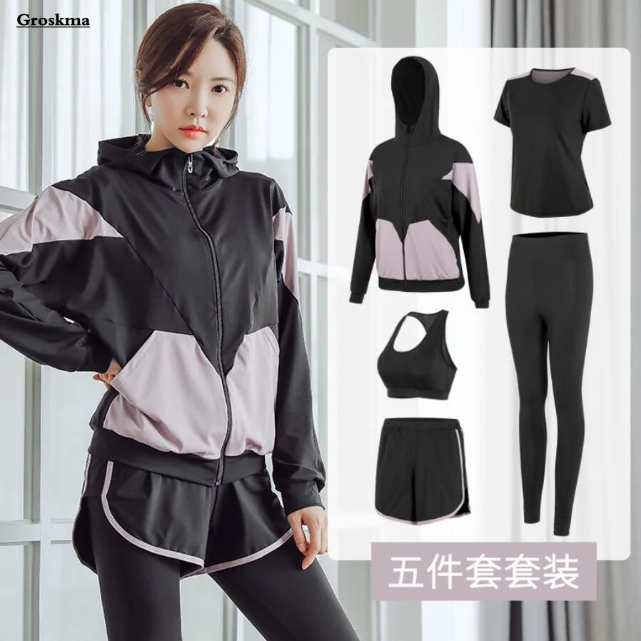 Yoga 5 Piece Set Women Workout Sports Running Clothing Coats+T Shirt+Ba+Shorts+Pants Fitness Gym Suits Chandals Mujer